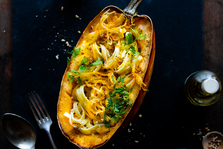 spaghetti squash, spaghettikuerbis, pasta, gefuellt