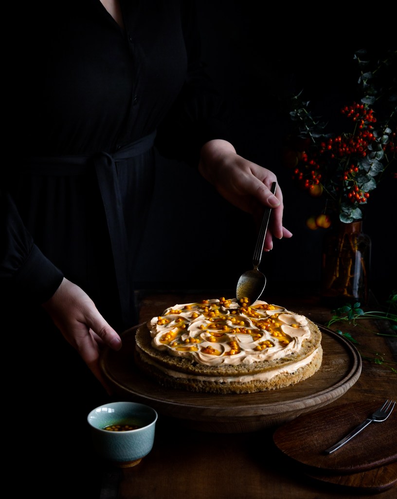 vegan, layer, cake, sea-buckthorn